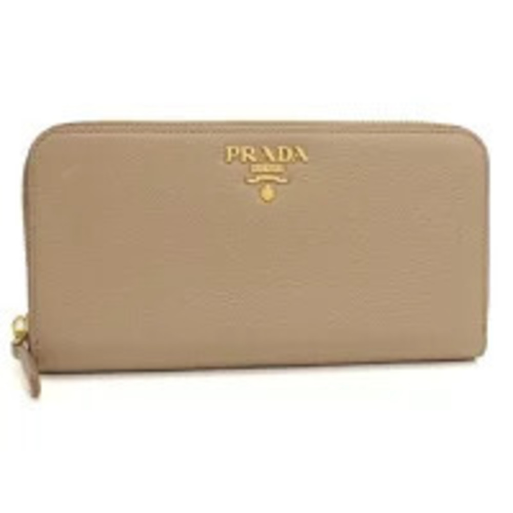 Prada Long Wallet Round Zipper Zip Around Leather Beige Cream